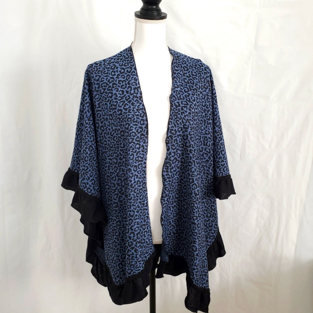 Leopard Print Wrap Cape black ruffle trim One Size